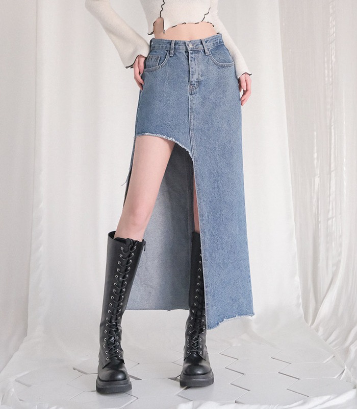 Unbalanced Long Denim Skirt BLUE
