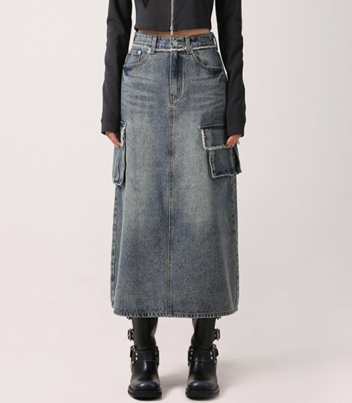 Harper Tassel Pocket Denim Long Skirt BLUE