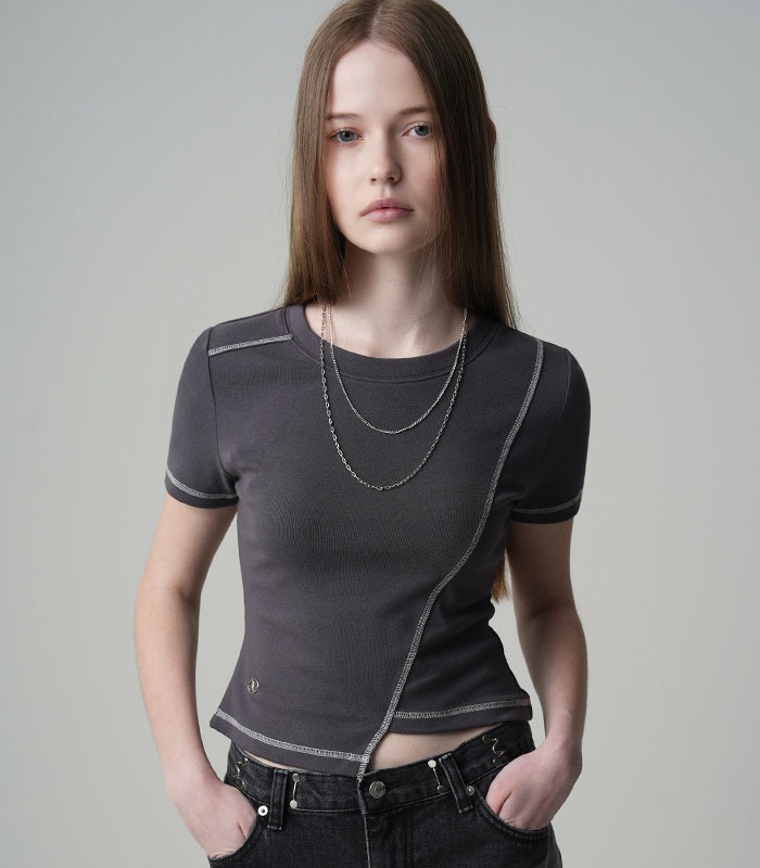 Ssance Unbalanced Line Stitch T-Shirt CHARCOAL